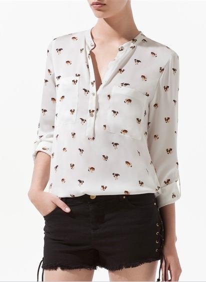 NEW WOMEN FASHION V-NECK ROLL UP SLEEVE POCKETS DOG PRINT SHIRT