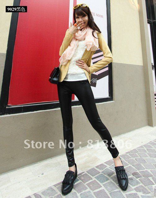 new  women  irregular   imitation leather  PU  split joint     grenadine slim   Leggings  black