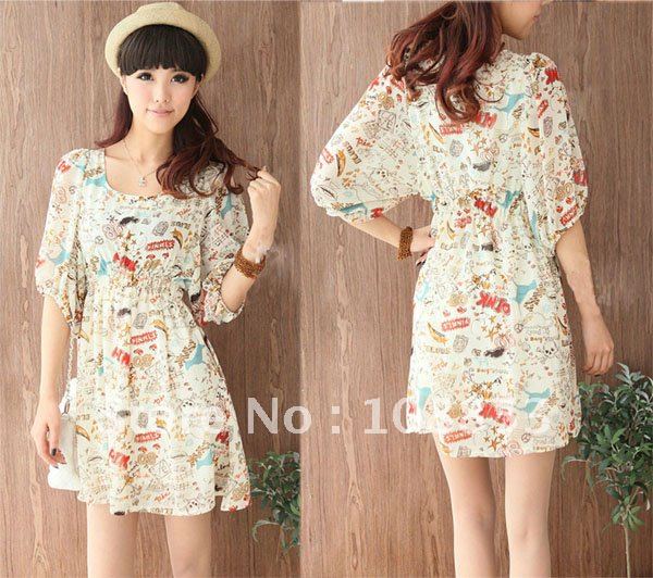 New Women Ladies Fashion Sweet Short Lantern Sleeve Unique Scrawl Chiffon Dress Free Shipping CMC-0098