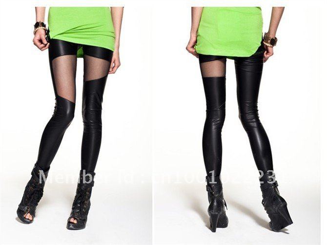 New Women Leggings sexy leather yarn splicing Leggings Black Stretch Faux Leather Leggings