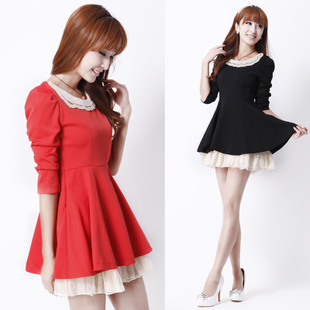 new women's autumn basic lace puff sleeve long-sleeve slim one-piece dress