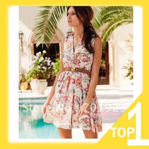 New women's Ball gown printing Sleeveless V-neck chiffon dress elastic waist with a detachable leather belt free shipping Y3567