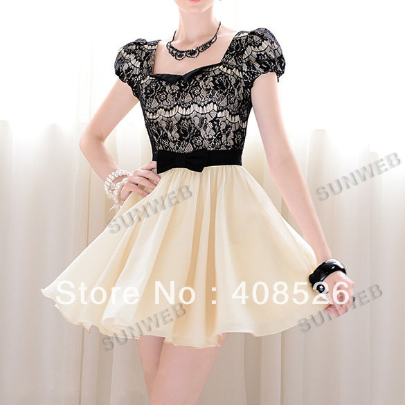 New Women's Beige Black Lace Dress Splicing Princess Short Sleeve Bowknot In Waist S,M,L Free shipping 10210