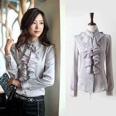 New Women's Clothes WHITE Gray Black Ruffle Front Lace Collar Top Shirt Blouse