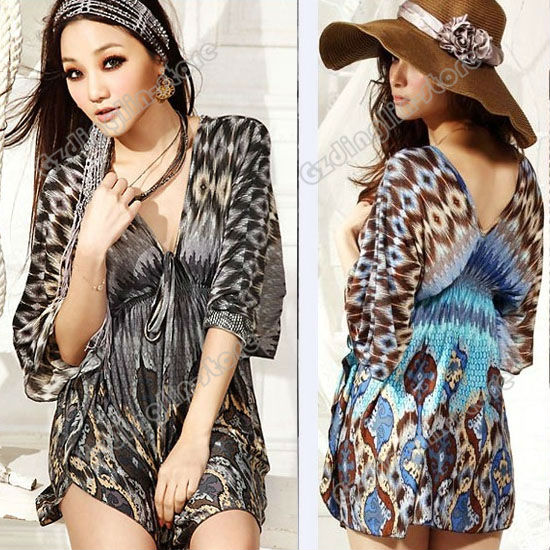 New Women's Clothing Ladies Fashion Casual Dual V Neck Peacock Pattern Prints Mini Dress 2 Color Size M Free Shipping 0578