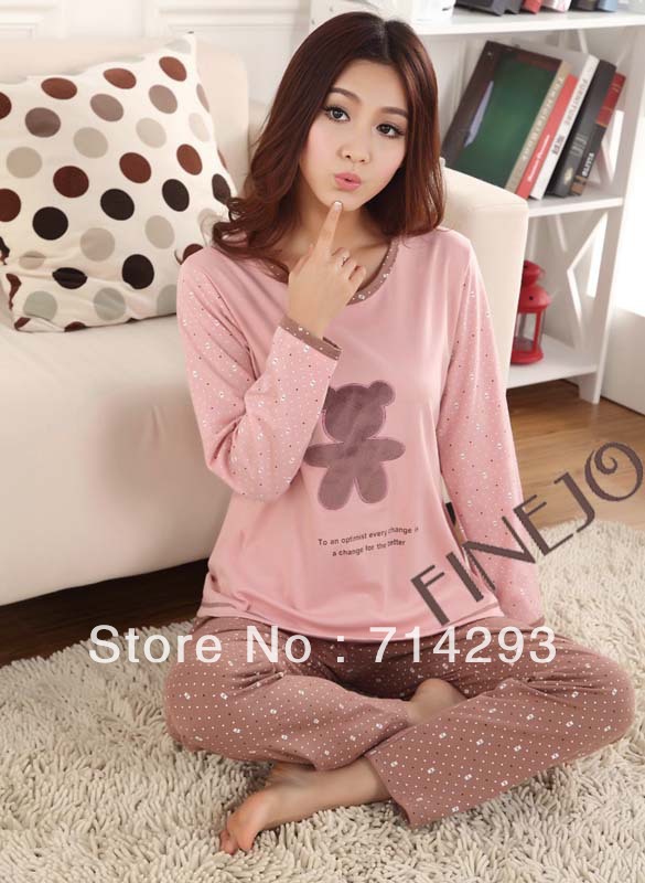 New Women's Cotton Cartoon Bear/Dot Design Long Sleeve Pajamas Sleepwear Sleep Clothes cheap Free shipping 11177