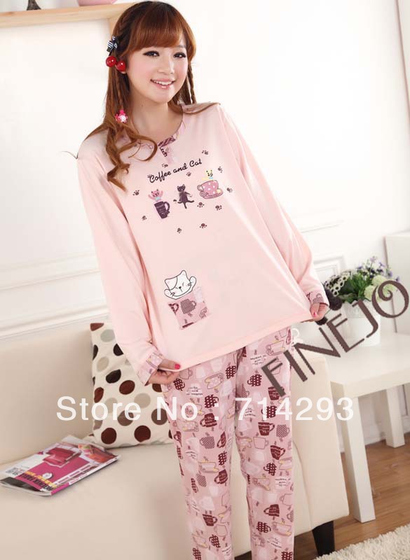 New Women's Cotton Cartoon Cat Pattern Long Sleeve Pajamas Sleepwear Sleep Clothes cheap Free shipping 11173