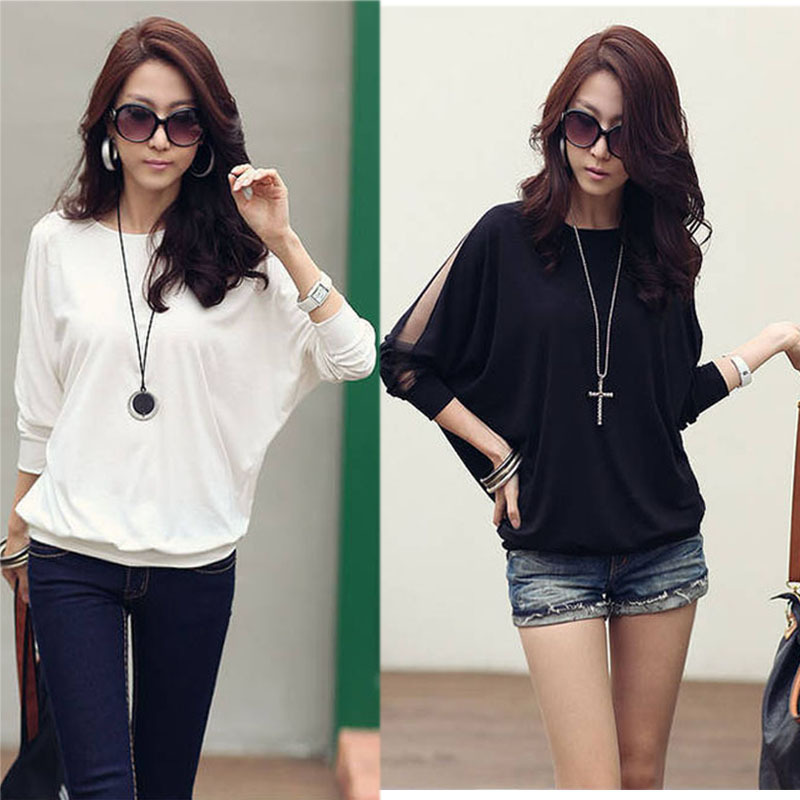 New Women's Cotton  Loose Shirt Top Dolman Batwing Lace Long Sleeve T-Shirt Blouse for Women Black / White  , Free Shipping