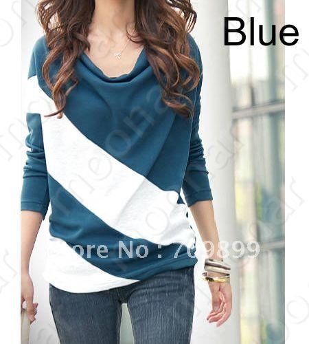 New Women's Cowl Folding Neck Long Sleeve Stripes T-shirt Tops Blouse Casual E0834