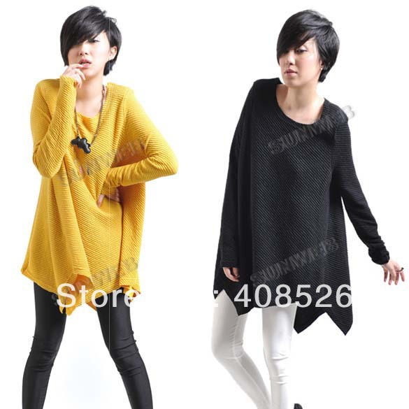 New Women's Crew-neck Long Sleeve Irregular Hem Twill Loose Knitting Dress free shipping 9063