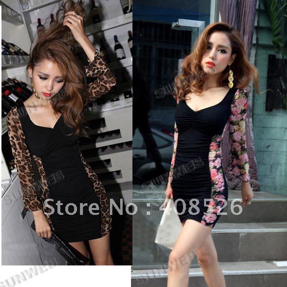 New Women's Elegant Open Back Leopard Dress Floral Print Padded Black Mini Dress free shipping 7476