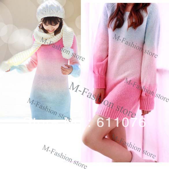 New Women's Gradient Colors stripe Knit Knitwear Sweater Coat Top Outerwear 2 Colors free shipping 7738