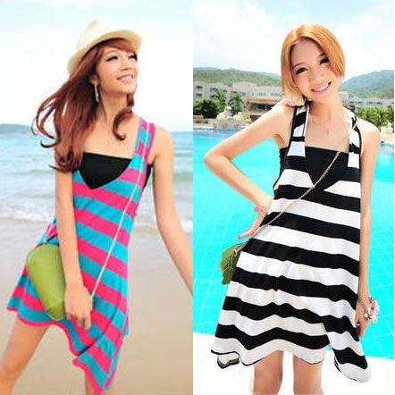 New Women's Ladies Sleeveless V-Neck Stripe Casual Jumper Skirt Beach Braces Skirt Slip Mini Dress Sundress Free Shipping 0330