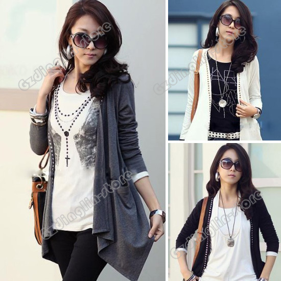 New Women's Long Sleeve Cotton Casual Autumn Tops Cardigan Jacket Coat Outerwear Size M Gray Black White Free Shipping 0691