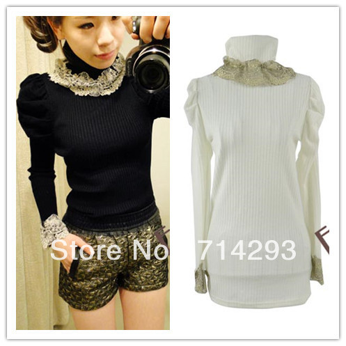 New Women's Long Sleeve +Turtleneck+ Lace Knitted Sweater Top 3 Colors free shipping 10199