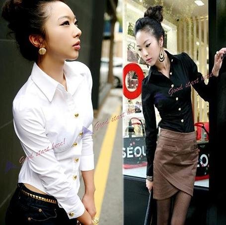 New Women's Modern Office lady Cotton Long Sleevels Collar Button Loving Shirt  HR118