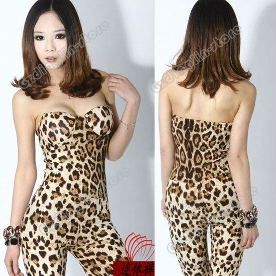 New Women's Off Shoulder Backless Sexy Leopard Clubwear Party Skinny Wrapped Chest Jumpsuit Romper Size S Free Shipping 0593