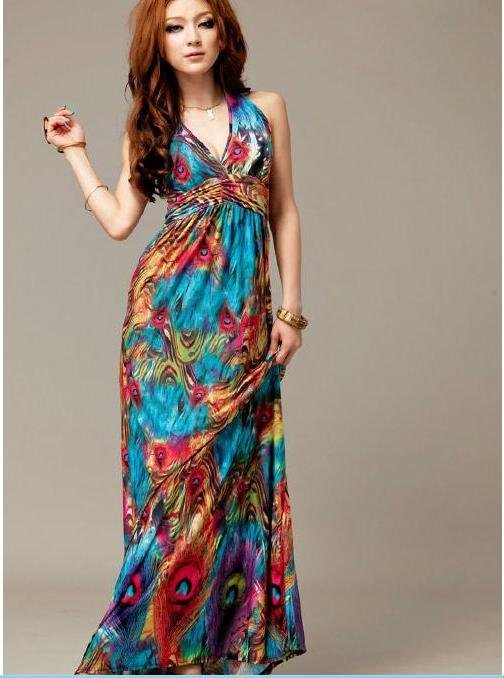 New Women's Peacock Bohemia Halter V-neck Backless High Waist Boho Long Dress #5034