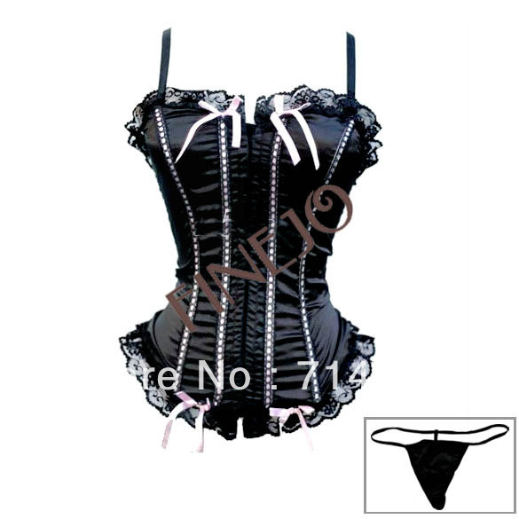 New Women's Sexy Lingerie Lace up Satin Corset Lingerie Bustier + G-String Black Free shipping 5649