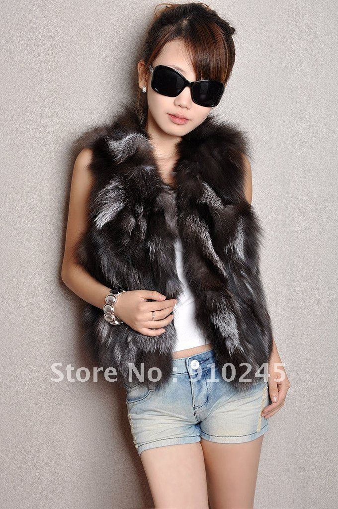 NEW women's silver fox wool fashion fur vest fox fur genuine leather vest SIZE:XS--L free shipping