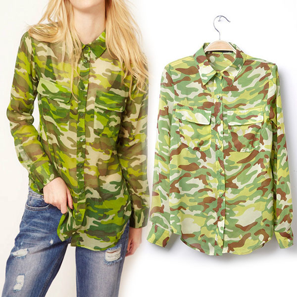 New Women's Stylish Camouflage Printing Pockets Chiffon Blouse Tops Shirts #L034580