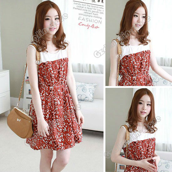 New Women's Vintga Sweet Sleeveless Crew Neck Pattern Printing Chiffon Casual Mini Dress Size S Free Shipping 0490