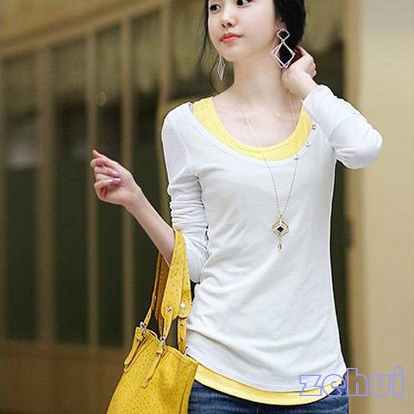 New Women Scoop Neck two-piece Cotton Long Sleeve loose Shirt Blouse Tops Vest White HR382W