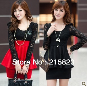 New Women See-through Lace Long Sleeve Sexy hollow out Lace Dress Mini Dress Black,Red