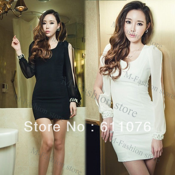 New Women sexy Long Sleeve Sexy Cotton Chiffon Dress Black White free shipping 7535