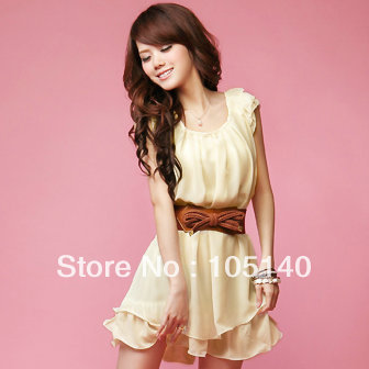 New women summer pressure pleated ruffle sleeve chiffon dress one-piece dress - three-color belt free shipping