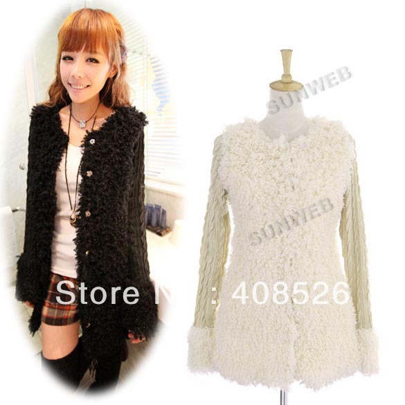 New Women Sweet Plush Berber Fleece Twist Sleeve Long Coat Tops Jacket Cardigan 2Colors free shipping 9273