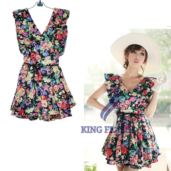 New Women Vintage Waist Ruffled prints Floral Tunic Sleeveless V-Neck one-piece dress skirt free shipping 4891