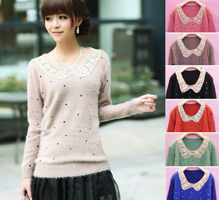 New Women Winter Sweet Polka Dot Doll Collar Paillette Knitwear Sweater