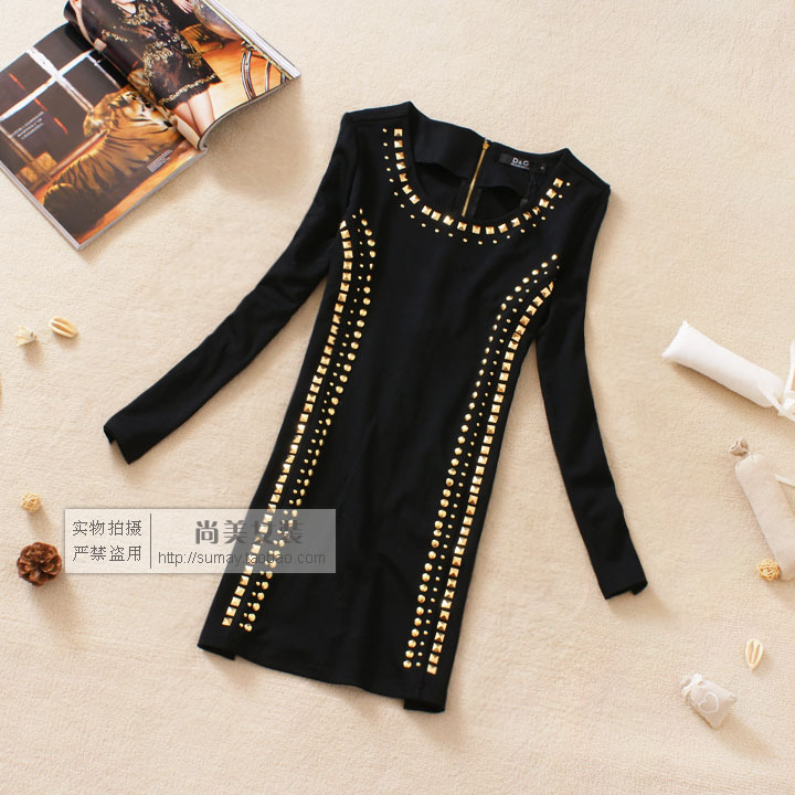 New Womens bottoming shirt and major suit fashion gold studded long-sleeved dress