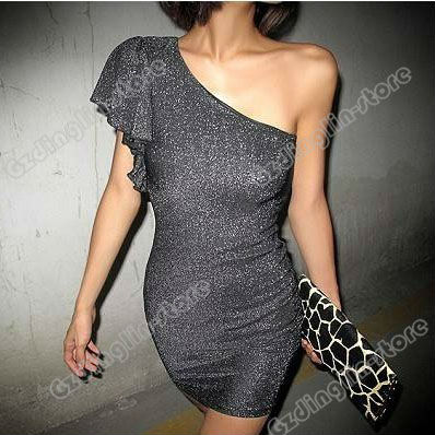 New Womens Fashion Sexy Clubwear Party Evening Shiny One Shoulder Clubbing Ladies Mini Dress Black Size S M L Free Shipping 0024