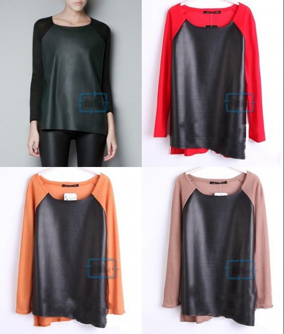 New Womens Fashion Synthetic Leather Knit Splice Crew Neck Sweater