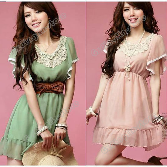 New Womens Ladies Sweet Retro Vintga Summer Lace Crew Neck Casual Chiffon Mini Dress Size S Green Pink Free Shipping 0531