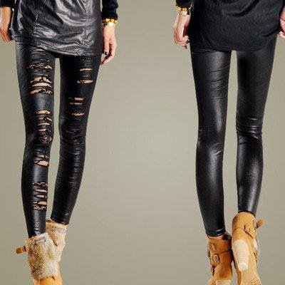 New Womens Lady Ripped Torn Sexy CutOut Stretch Faux Leather Legging Pants Black