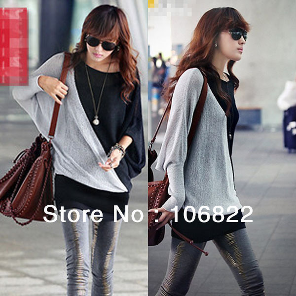 New Womens Match Color Batwing Dolman Sleeve Blouse Tops Loose Causal T-Shirt  CY0458B