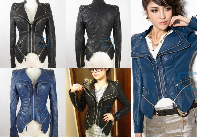 New Womens Punk Spike Studded Shoulder  Synthetic Leather Jacket Zipper coat