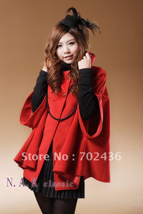 New Womens Red Hooded Cashmere Cloak Coat Outwear