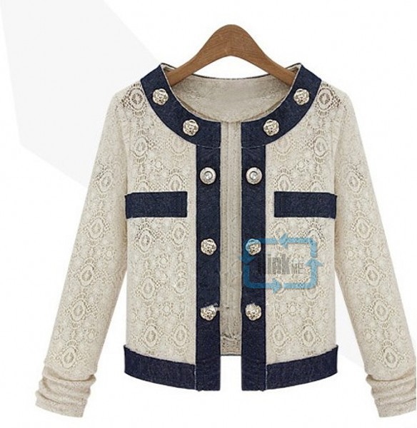 New Womens Retro British style denim mixed color buttons lace Short Jacket