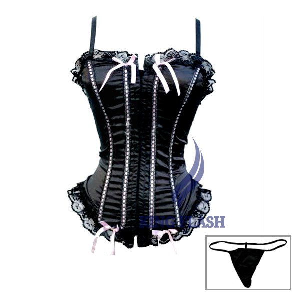 New Womens Sexy Lingerie Lace up Satin Corset Lingerie Bustier + G-String Underwear Sleepwear Black free shipping 5649