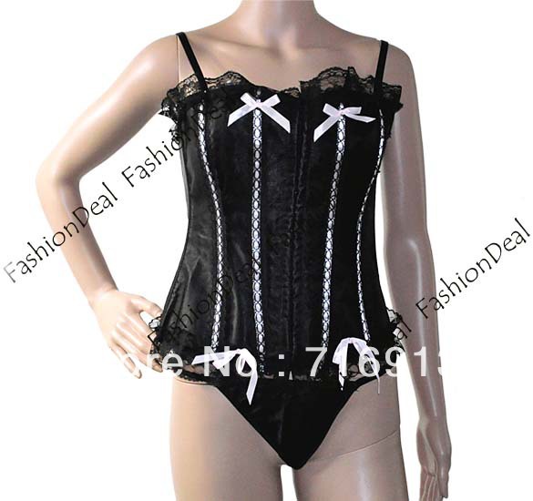 New Womens Sexy Lingerie Lace up Satin Corset Lingerie Bustier + G-String Underwear Sleepwear Black free shipping 5649