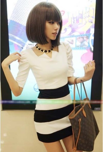 New Womens Striped Sheath Dress Patchwork Color Puff Sleeve Slim Lady Dresses 1023 Free Shipping