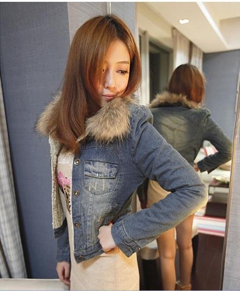 new year sales 2012 winter woman's big raccoon fur  thickening jeans jacket, free shiping