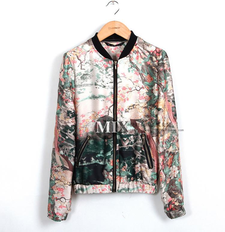 New Zar a 2013 spring fashion women ink chinese style print pattern design stand collar short outerwear jacket Free Gift