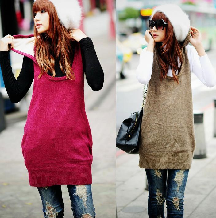 newest 2013 sweet casual lambswool wool knitted sleeveless with a hood tank dress sweater dress long design sweater