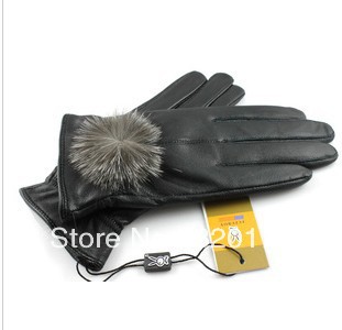 newest brand Warm ladies fashion leather gloves Sheepskin lined with velvet gloves