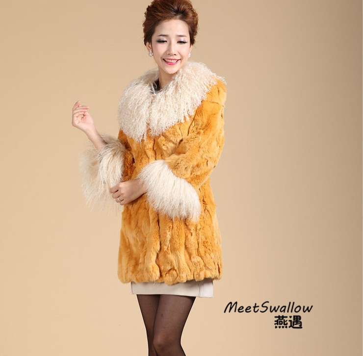 Newest Design Fashion Median Lenght Natural Fur Coat Rex Rabbit Fur Overcoat with Mongolian Fur Collar and Cuff M to XXXL